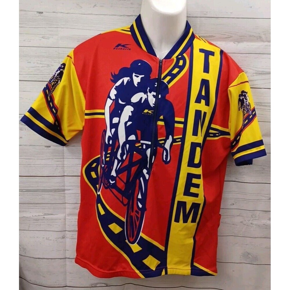 Vtg KUCHARIK CLOTHING Tandem Mens Bicycle Jersey Red Yellow USA Sz L Chest 40